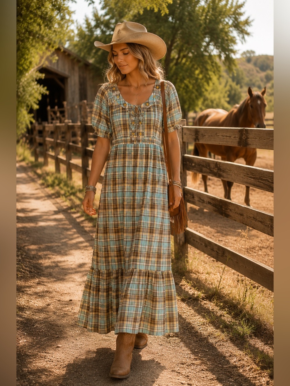 Plaid Maxi Dress with Ruffle Hem - Blue & Brown